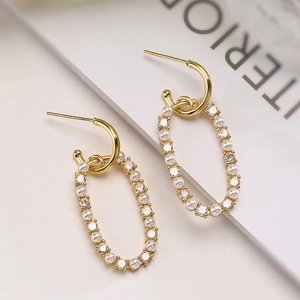 18K gold plated copper earrings with geometric pearls and sparkling zircon accents