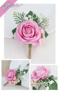 Détail macro d'une boutonnière rose faite main avec gypsophile et corde de chanvre