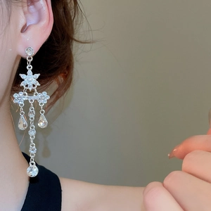 Vue détaillée de boucles d'oreilles pendantes argentées avec strass étincelants