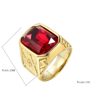 Mens vintage stainless steel Masonic ring with large red gem and gold finish