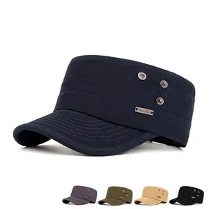 Flat top military cap in navy cotton canvas with metallic side buckle and color options