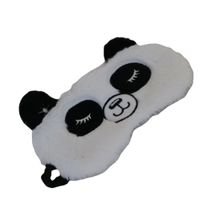 Cute panda plush sleeping eye mask with soft black and white fur and adjustable elastic strap