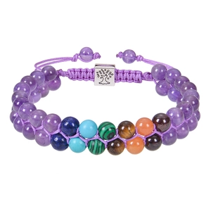 Detailed close-up of double-layer purple amethyst bead bracelet with tree of life charm