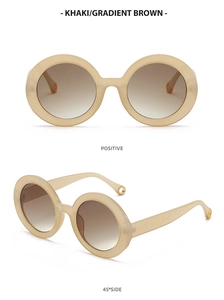 Front and 45-degree side view of khaki round frame sunglasses with gradient brown lenses