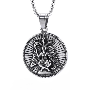 Detailed relief of a silver Baphomet ram deity pendant on a round stainless steel necklace