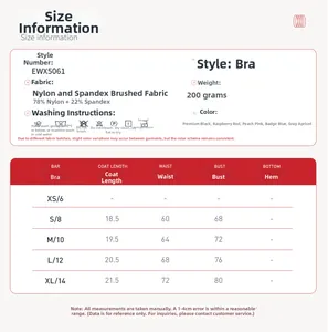 Size chart detail for quick-dry yoga bra including fabric specs and measurements