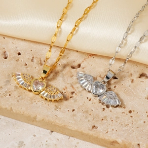 Exquisite angel wing heart pendant necklace with zircon in gold and silver finish