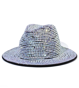 Close-up of sparkling rhinestone jazz fedora with silver iridescent finish and black trim