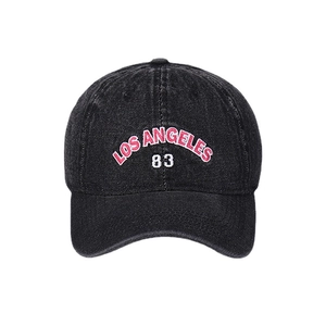 Washed black denim baseball cap with Los Angeles 83 embroidery and curved brim for sports