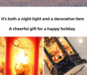 Close-up of vintage Christmas lantern with warm glow and Santa Claus illustration detail