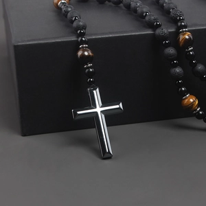 Religious men's necklace with volcanic lava stone, tiger eye beads and metal cross pendant