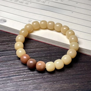 Macro detail of bodhi root cat claw beads on a vintage Chinese calligraphy background