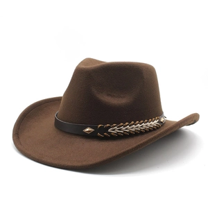 Close-up of brown wool cowboy hat featuring a leather band with metal rivets