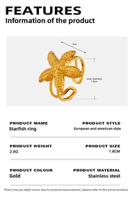 Detailed view of gold starfish open ring with measurements and stainless steel texture