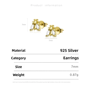Detailed view of S925 sterling silver bee earrings with zircon inlay and product dimensions