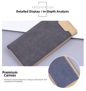 Detail view of denim canvas wallet featuring contrast stitching and 12 vertical card slots