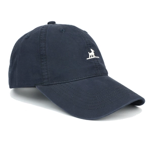 Detailed close-up of dark blue baseball cap featuring white deer embroidery logo