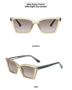 Detailed views of jelly green cat eye sunglasses with gradient light brown lenses