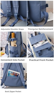 Detailed views of multi-pocket backpack showing reinforced straps and hidden back pocket