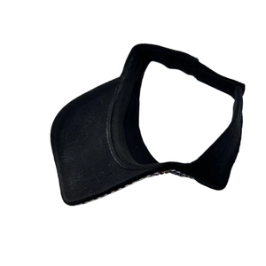 Women's black open top sun visor hat with colorful woven trim and adjustable strap