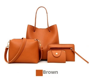 Brown 4-piece handbag set featuring litchi grain tote, crossbody bag, and wallet details