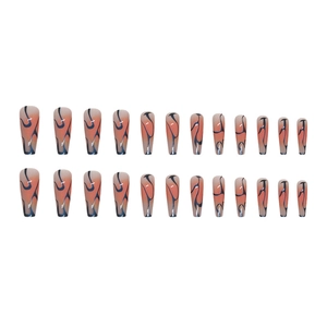 Long ballerina press-on nails with orange gradient and black abstract swirl patterns