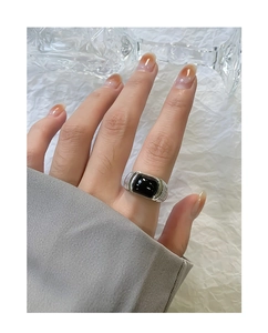 Detailed view of S925 silver wide band ring featuring a black rectangular onyx stone