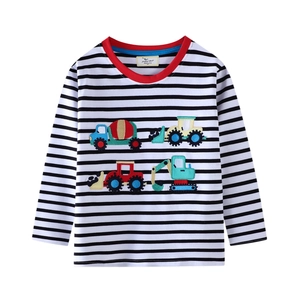 T-Shirt Maniche Lunghe Ragazzo Cotone Righe Applicazione Veicolo Da Cantiere Girocollo Top Casual Per Bambini