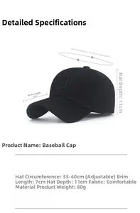 Detailed size specifications for black baseball cap with Gothic D letter embroidery