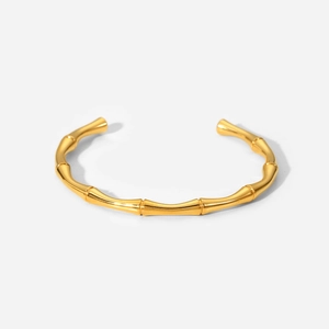 Minimalist 18K gold plated stainless steel open bangle with bamboo style design