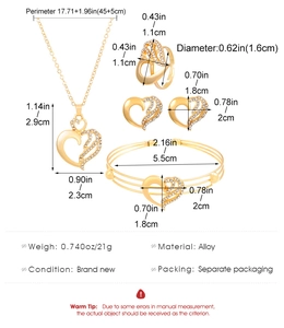 Detailed dimensions of heart-shaped hollow jewelry set with necklace and bracelet