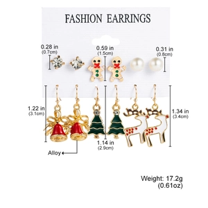 Detailed size chart for Christmas earrings set including reindeer and snowflake motifs