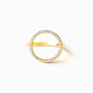 Polished golden S925 sterling silver ring with a sparkling hollow circle of pave zircons
