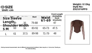 Size guide for lace corset top showing detailed chest, waist, and sleeve measurements