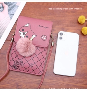 Pink PU leather crossbody phone bag featuring a cute cat pattern and a fluffy pompom detail