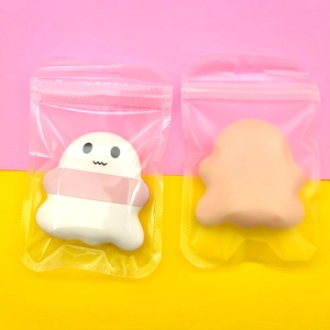 Cartoon ghost marshmallow puff and beige sponge set in clear self-sealing bags