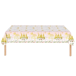 Pink princess castle table cover with golden butterfly and flowers for girl birthday party