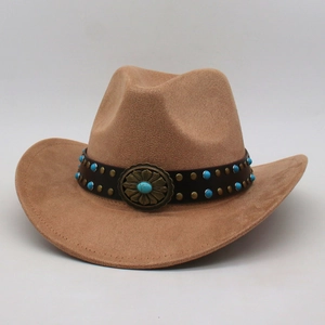 Chapeau De Cowboy Occidental Rétro Simili Daim Large Bord Bande Cuir Turquoise Boucle Fleur Métal Hommes Femmes Style Ethnique