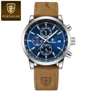 Men's chronograph watch with deep blue dial, silver steel case and brown leather strap