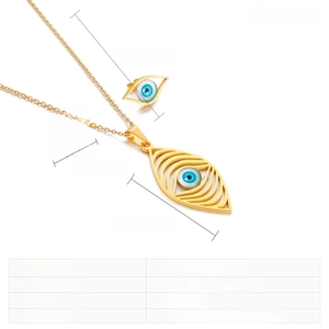Detailed dimensions of gold stainless steel evil eye necklace and matching earrings set