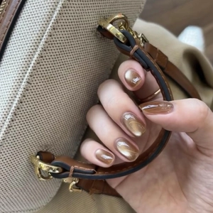 Glossy Cat Eye Press On Nails Short Square Round Orange Yellow Shimmer Artificial False Nails For Women Daily Manicure