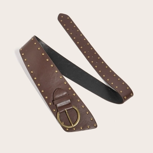 Deep brown wide leather belt featuring vintage gold rivets and a round pin buckle