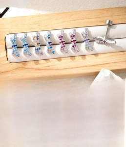 Detailed size chart for silver bow cartilage studs featuring colorful zircon stones
