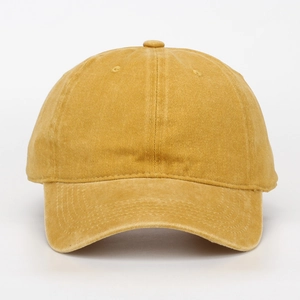 Front view of a mustard yellow washed cotton blank baseball cap on white background