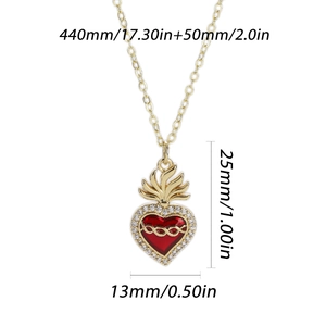 Detailed view of gold heart necklace showing dimensions 440mm chain and 25mm pendant