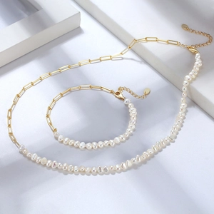 Parure collier et bracelet en argent S925 doré avec perles baroques
