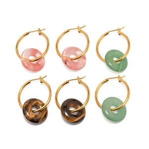 Vintage donut hoop earrings set with pink and green natural stone pendants for women