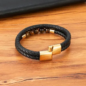 Men's double-layer braided leather bracelet with golden magnetic clasp and tiger eye stones