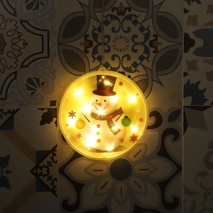 Detail of a warm LED Christmas hanging light featuring a cute snowman pattern with gold stars