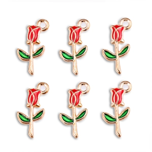 Detailed view of six red enamel rose charms with green leaves and gold metal edges